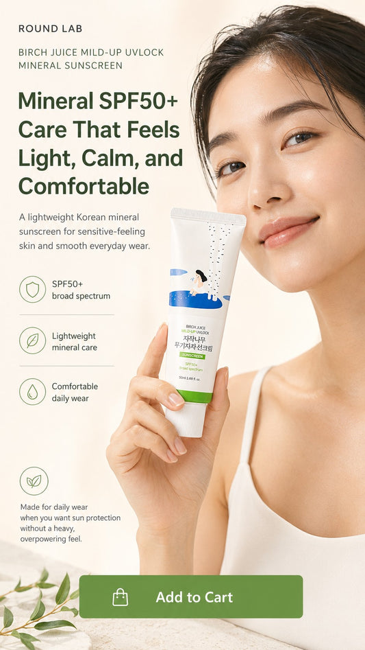 ROUND LAB Birch Juice Mild-Up UV LOCK SPF50+ PA++++ | Lightweight Korean Mineral Sunscreen for Sensitive Skin