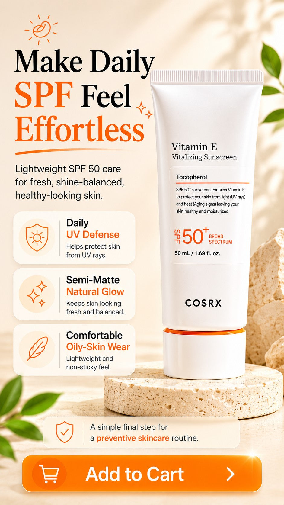 COSRX Vitamin E Sunscreen SPF 50 for Oily Skin, Lightweight Korean Face Sunscreen, No White Cast, Semi-Matte Natural Glow, Daily Preventive Anti-Aging Sun Care, 1.69 fl oz