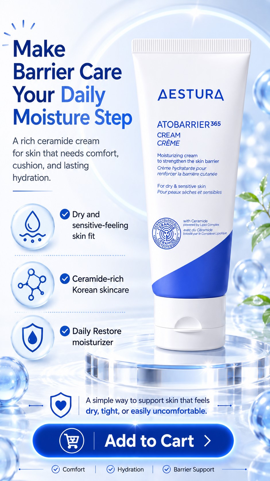 ATOBARRIER365 Ceramide Barrier Cream, Korean Face Moisturizer for Dry Sensitive Skin, 120H Hydration, Triple Lipid Complex, Squalane & Vitamin E, Non-Comedogenic Preventive Anti-Aging Skincare, 80ml