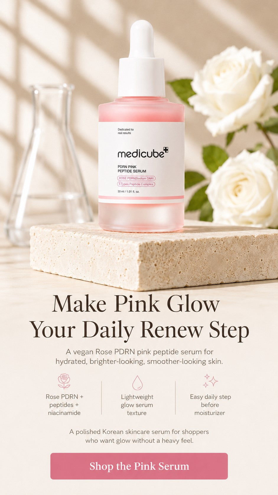Vegan Rose PDRN Pink Peptide Serum, Korean Glow Serum with Niacinamide, Adenosine & 5 Peptide Complex for Hydration, Uneven Tone & Firm-Looking Skin, 1.01 Fl Oz