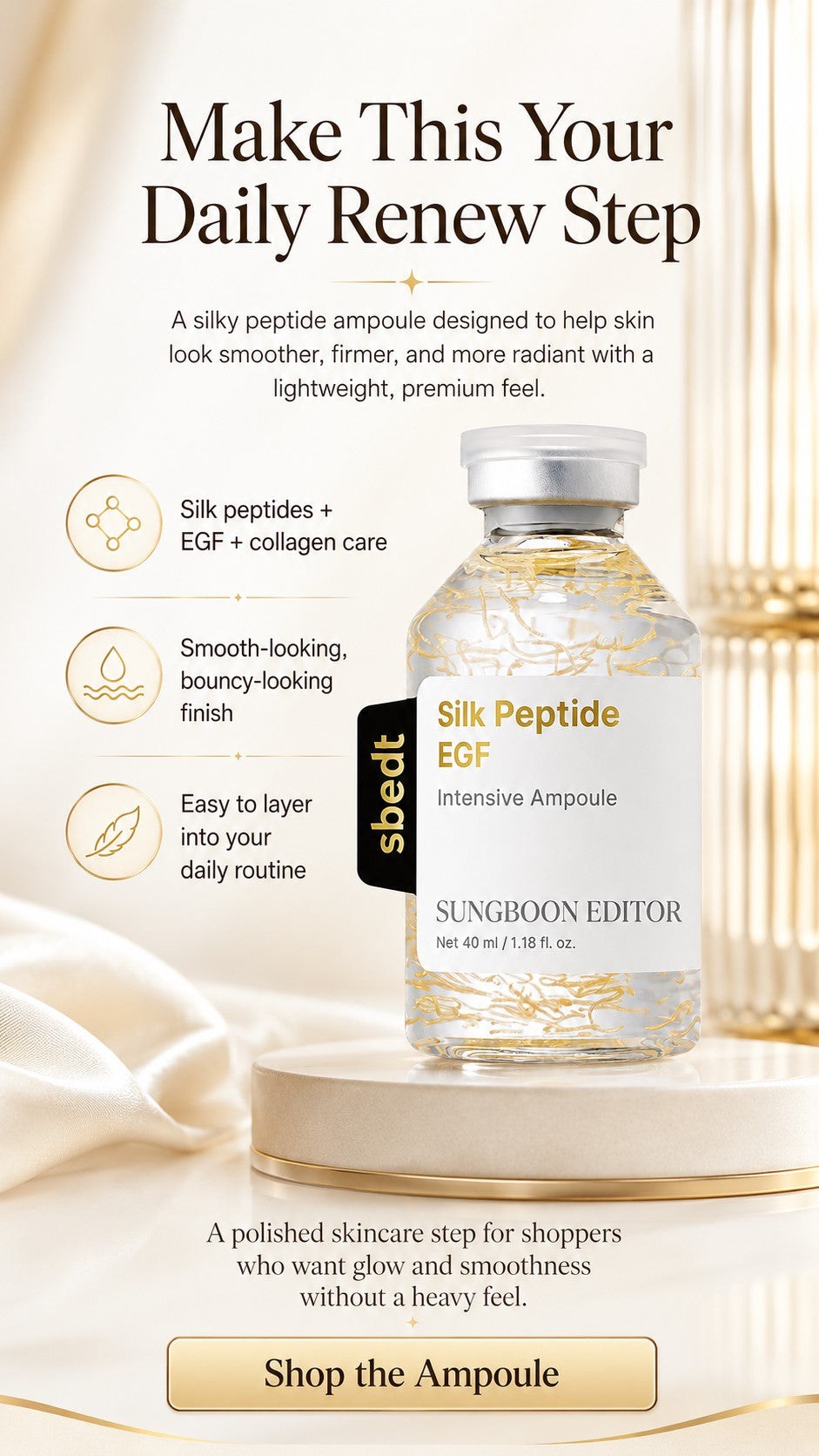 Glow Intensive Deep Collagen Silk Peptide EGF Ampoule, Copper Peptides Serum for Face with Multi Peptides, Hydrating Korean Skincare Facial Serum for Smooth-Looking Skin, 1.35 Fl Oz