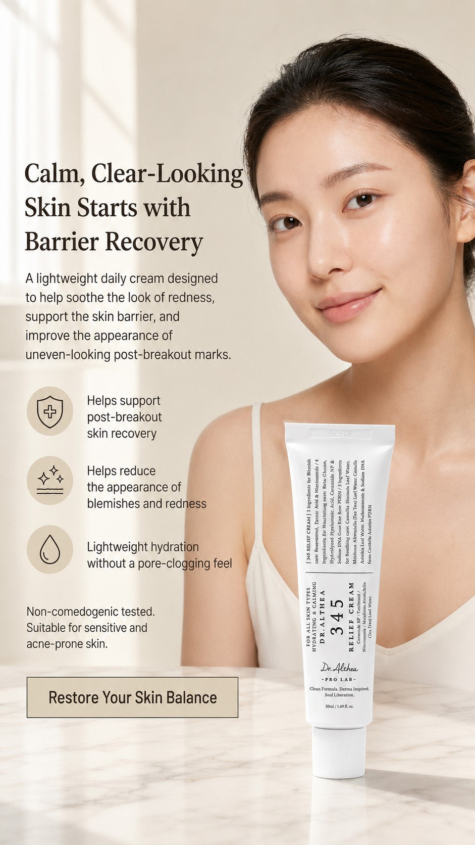 Dr. Althea 345 Relief Cream | Barrier Repair Moisturizer with Niacinamide, Ceramide & PDRN | Soothing Vegan Korean Skincare for Acne-Prone & Sensitive Skin (1.69 Fl Oz)