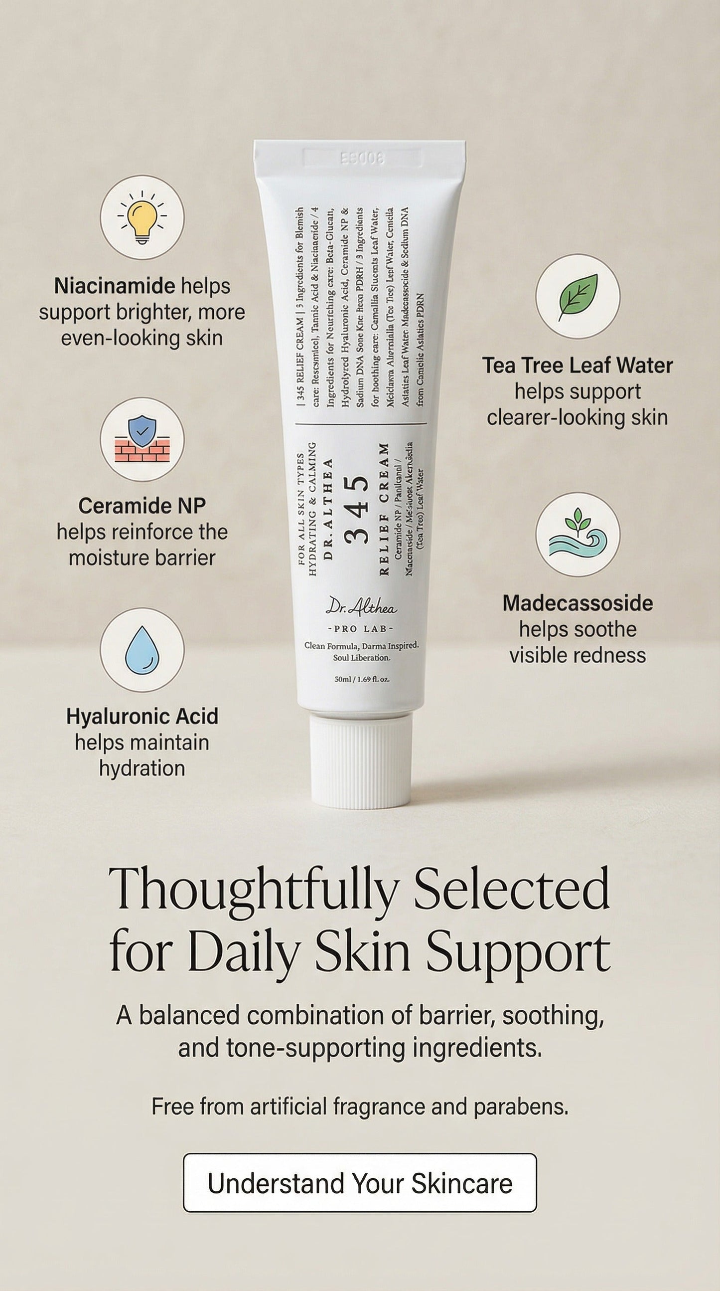 Dr. Althea 345 Relief Cream | Barrier Repair Moisturizer with Niacinamide, Ceramide & PDRN | Soothing Vegan Korean Skincare for Acne-Prone & Sensitive Skin (1.69 Fl Oz)