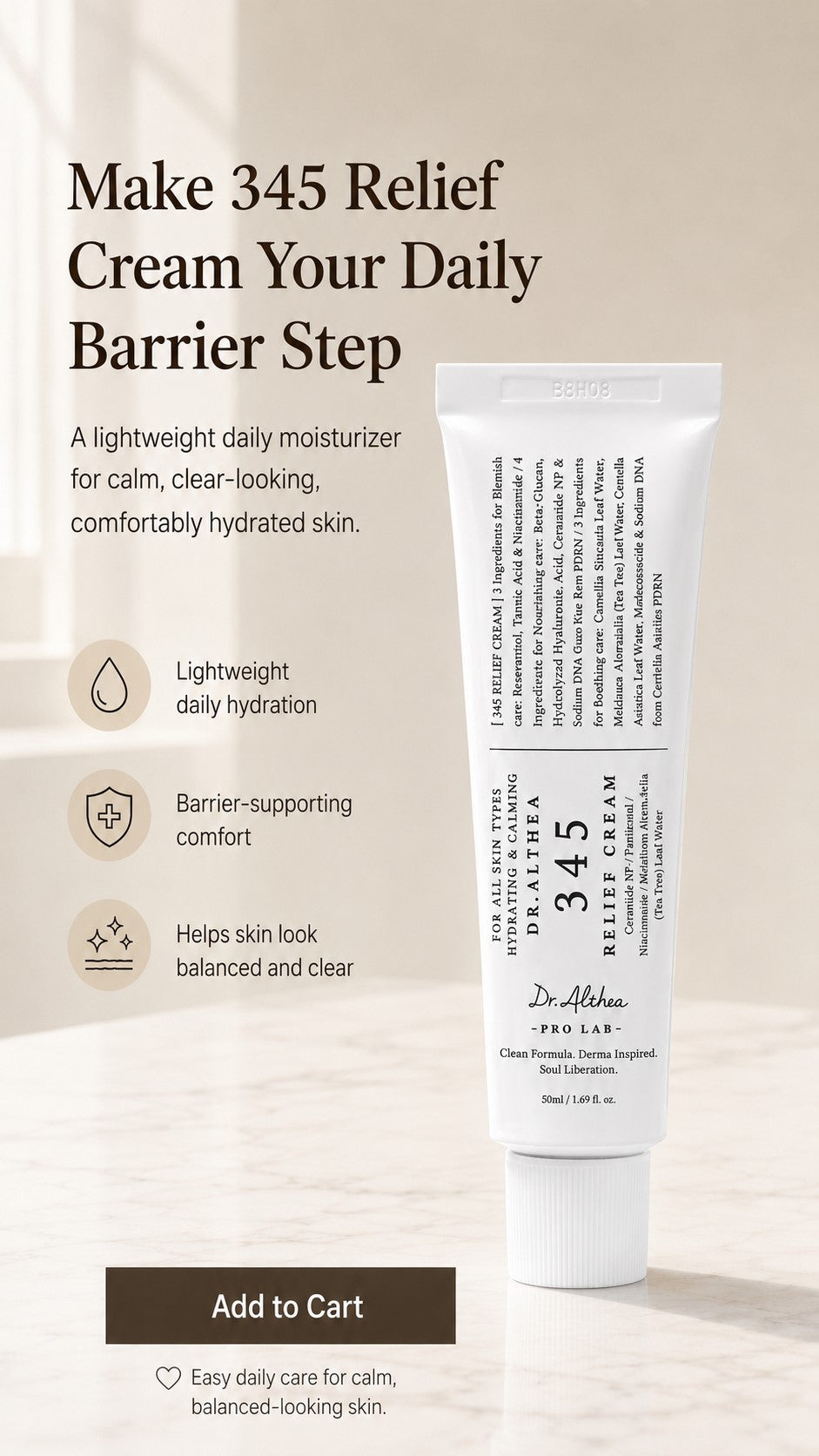 Dr. Althea 345 Relief Cream | Barrier Repair Moisturizer with Niacinamide, Ceramide & PDRN | Soothing Vegan Korean Skincare for Acne-Prone & Sensitive Skin (1.69 Fl Oz)