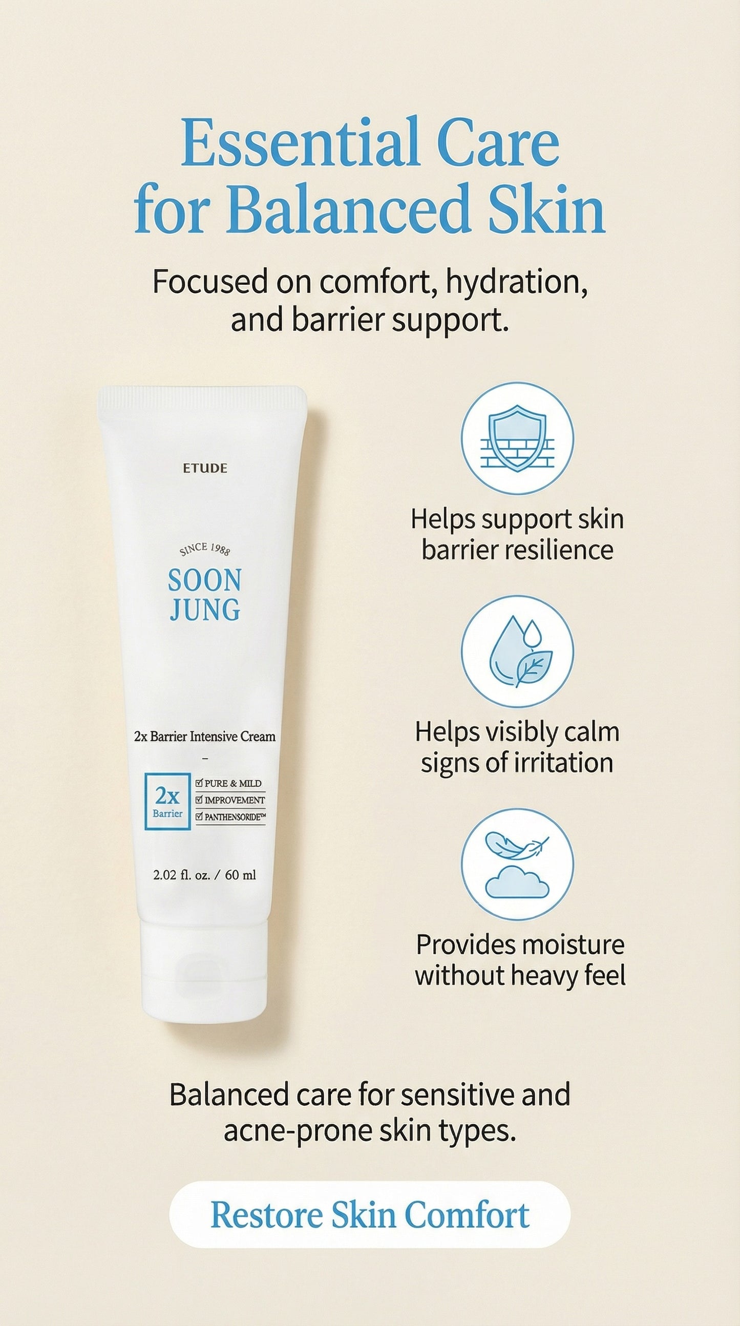 ETUDE SoonJung 2X Intensive Barrier Repair Cream | Panthenol & Madecassoside Moisturizer for Sensitive Skin, Hydration & Soothing Care, Korean Skincare 2.02 fl oz