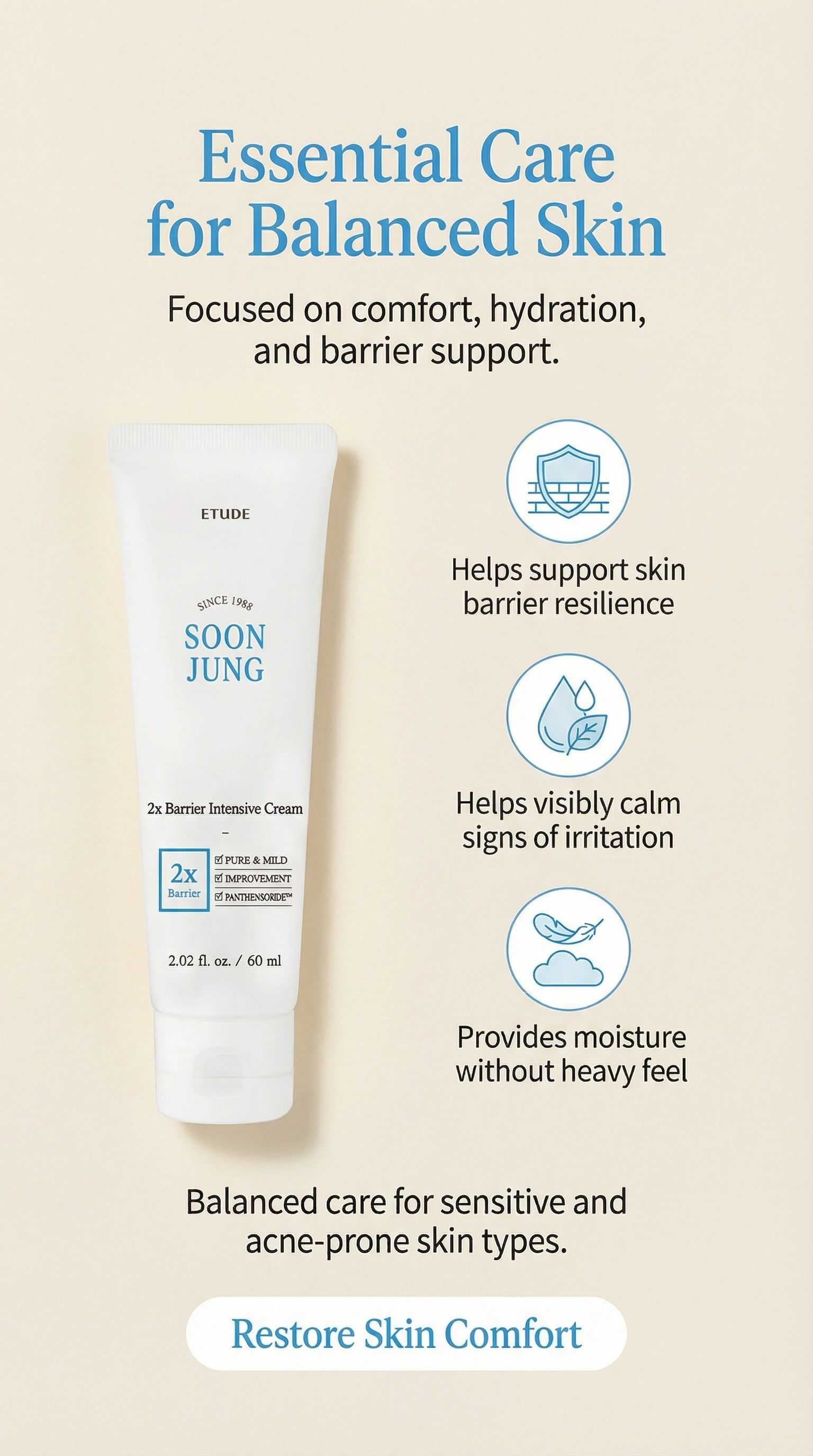 ETUDE SoonJung 2X Intensive Barrier Repair Cream | Panthenol & Madecassoside Moisturizer for Sensitive Skin, Hydration & Soothing Care, Korean Skincare 2.02 fl oz