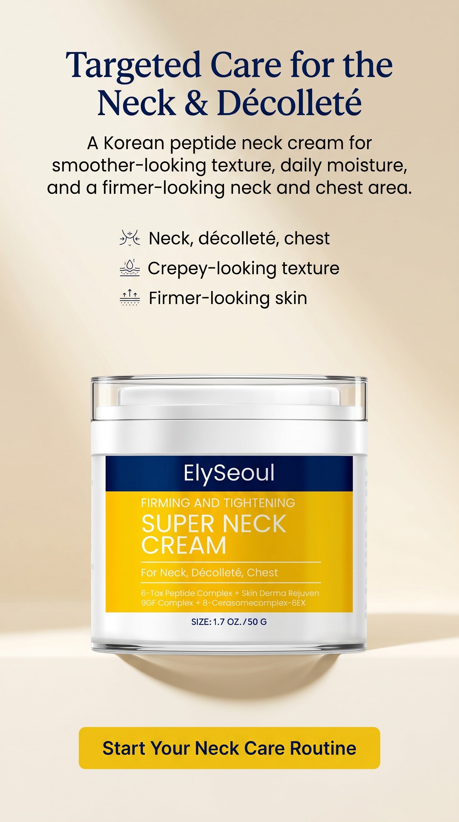 Korean Peptide Neck Cream for Firming-Looking Skin | Anti-Aging Neck & Décolleté Moisturizer for Crepey Texture, Fine Lines, Wrinkles & Dryness