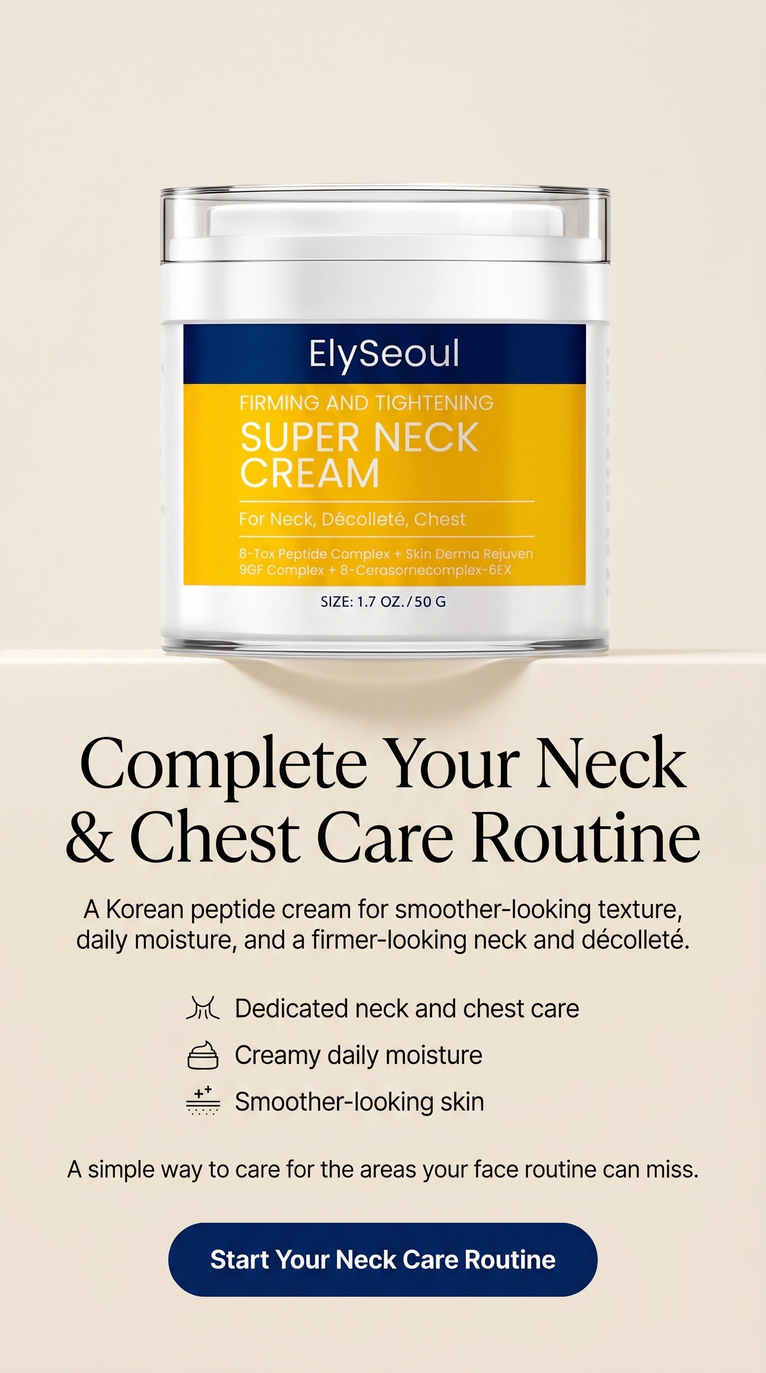 Korean Peptide Neck Cream for Firming-Looking Skin | Anti-Aging Neck & Décolleté Moisturizer for Crepey Texture, Fine Lines, Wrinkles & Dryness