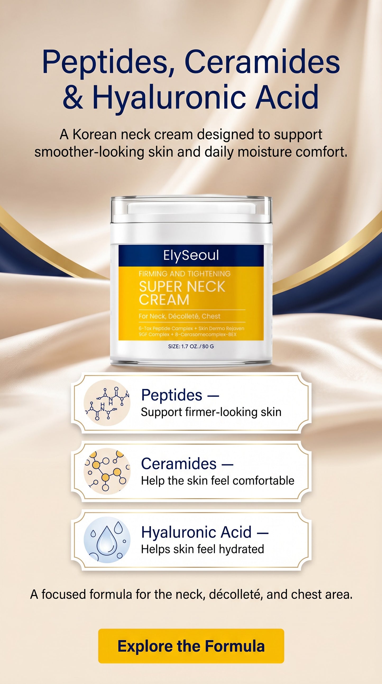 Korean Peptide Neck Cream for Firming-Looking Skin | Anti-Aging Neck & Décolleté Moisturizer for Crepey Texture, Fine Lines, Wrinkles & Dryness