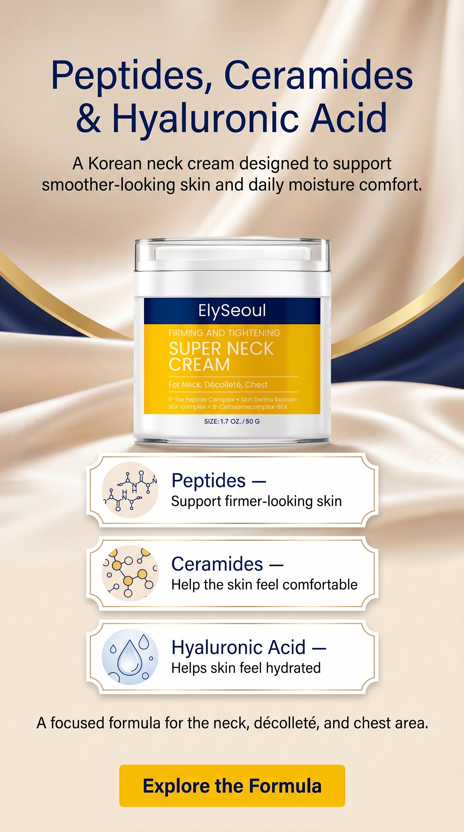 Korean Peptide Neck Cream for Firming-Looking Skin | Anti-Aging Neck & Décolleté Moisturizer for Crepey Texture, Fine Lines, Wrinkles & Dryness