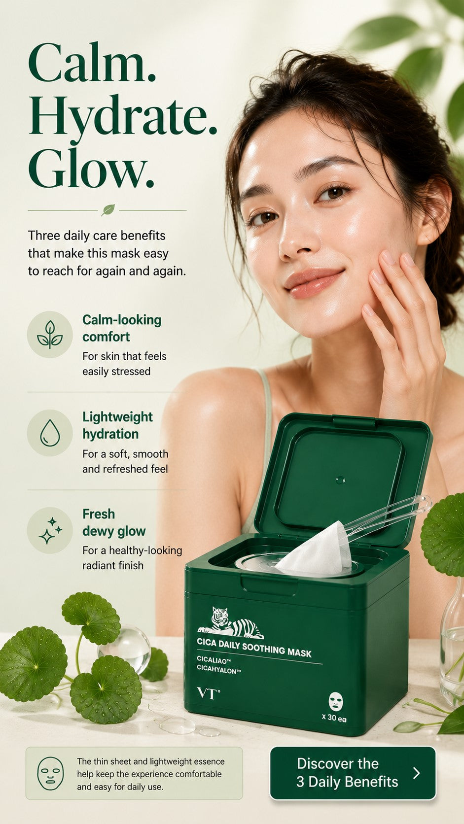 CICA Daily Soothing Mask 30 Sheets with Centella Asiatica & Hyaluronic Acid, Korean Hydrating Face Mask for Dryness, Redness-Looking Skin, Daily Moisture, Calm-Looking Glow & Soft Skin