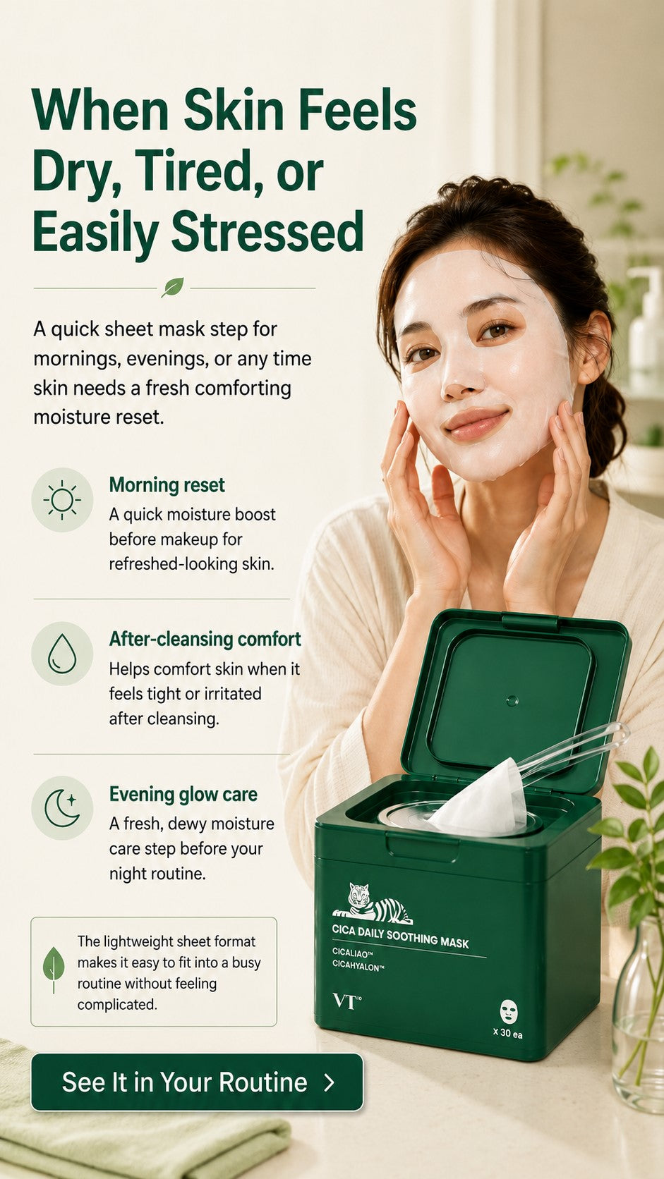 CICA Daily Soothing Mask 30 Sheets with Centella Asiatica & Hyaluronic Acid, Korean Hydrating Face Mask for Dryness, Redness-Looking Skin, Daily Moisture, Calm-Looking Glow & Soft Skin
