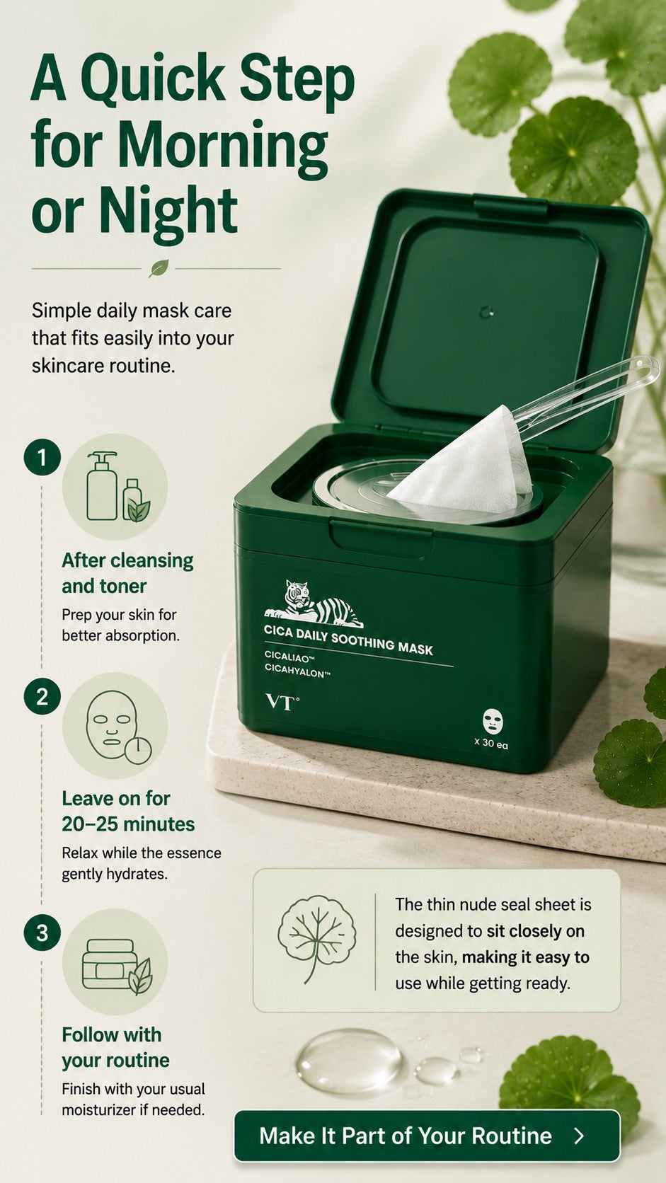 CICA Daily Soothing Mask 30 Sheets with Centella Asiatica & Hyaluronic Acid, Korean Hydrating Face Mask for Dryness, Redness-Looking Skin, Daily Moisture, Calm-Looking Glow & Soft Skin