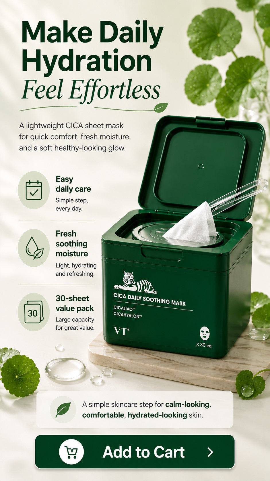 CICA Daily Soothing Mask 30 Sheets with Centella Asiatica & Hyaluronic Acid, Korean Hydrating Face Mask for Dryness, Redness-Looking Skin, Daily Moisture, Calm-Looking Glow & Soft Skin