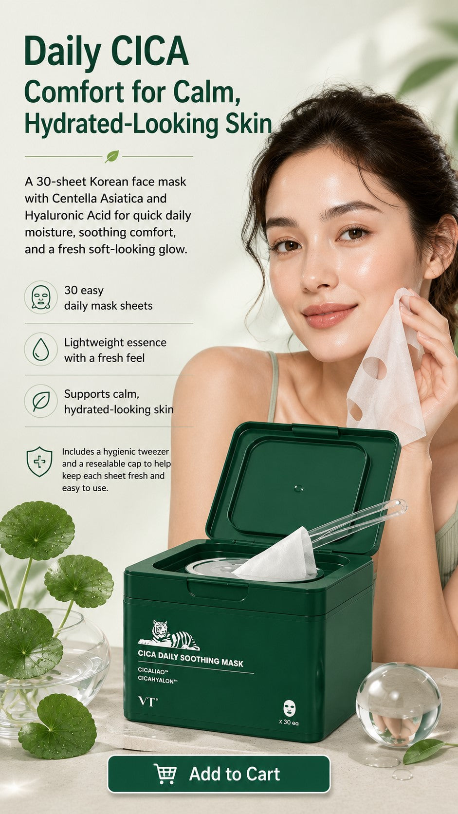 CICA Daily Soothing Mask 30 Sheets with Centella Asiatica & Hyaluronic Acid, Korean Hydrating Face Mask for Dryness, Redness-Looking Skin, Daily Moisture, Calm-Looking Glow & Soft Skin