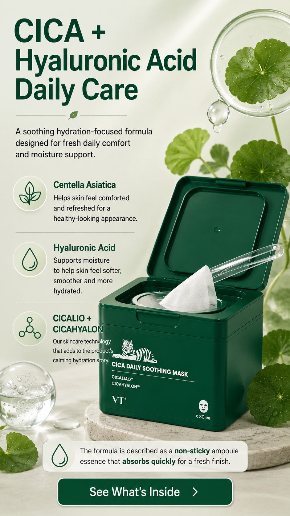 CICA Daily Soothing Mask 30 Sheets with Centella Asiatica & Hyaluronic Acid, Korean Hydrating Face Mask for Dryness, Redness-Looking Skin, Daily Moisture, Calm-Looking Glow & Soft Skin