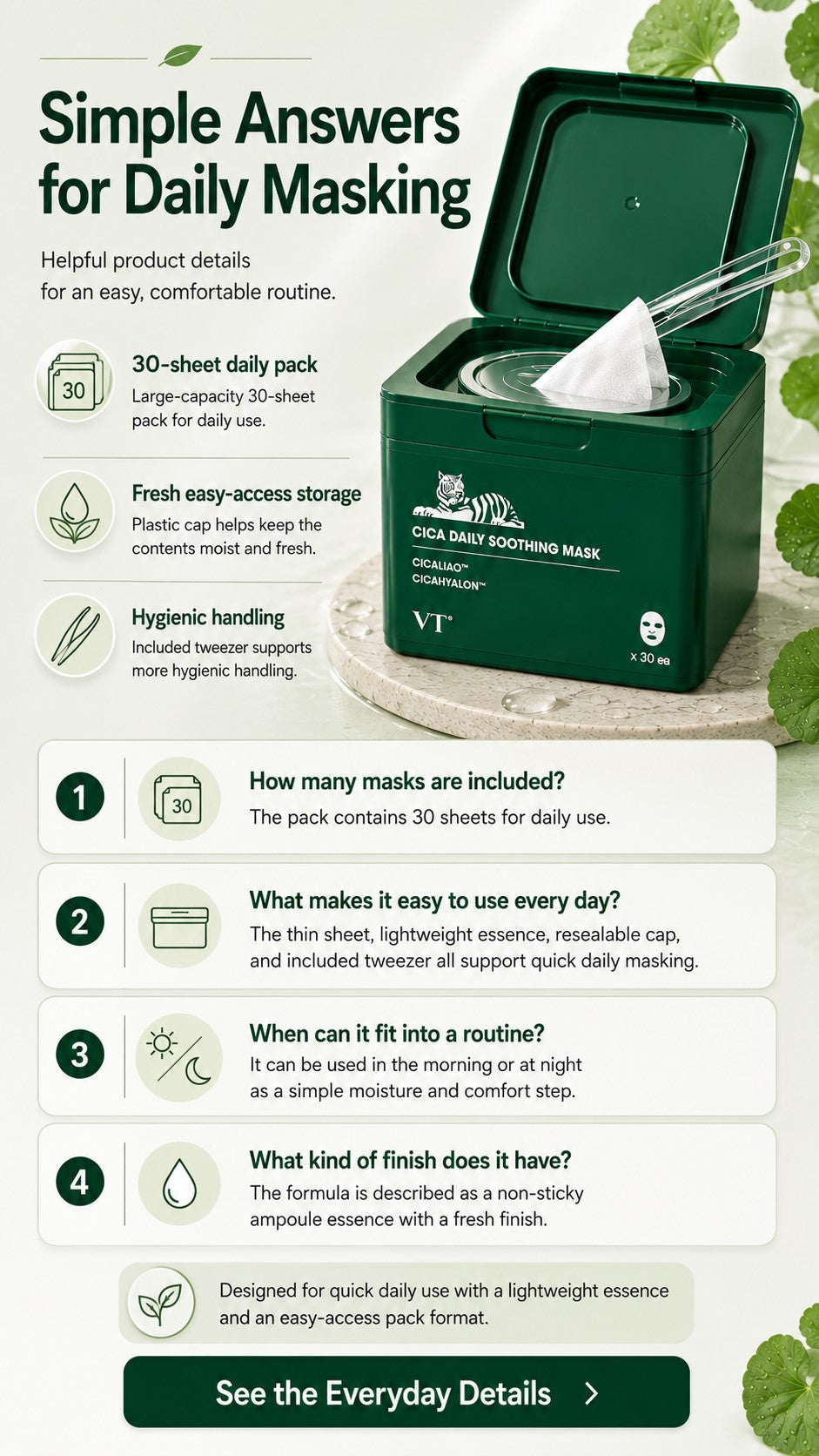 CICA Daily Soothing Mask 30 Sheets with Centella Asiatica & Hyaluronic Acid, Korean Hydrating Face Mask for Dryness, Redness-Looking Skin, Daily Moisture, Calm-Looking Glow & Soft Skin