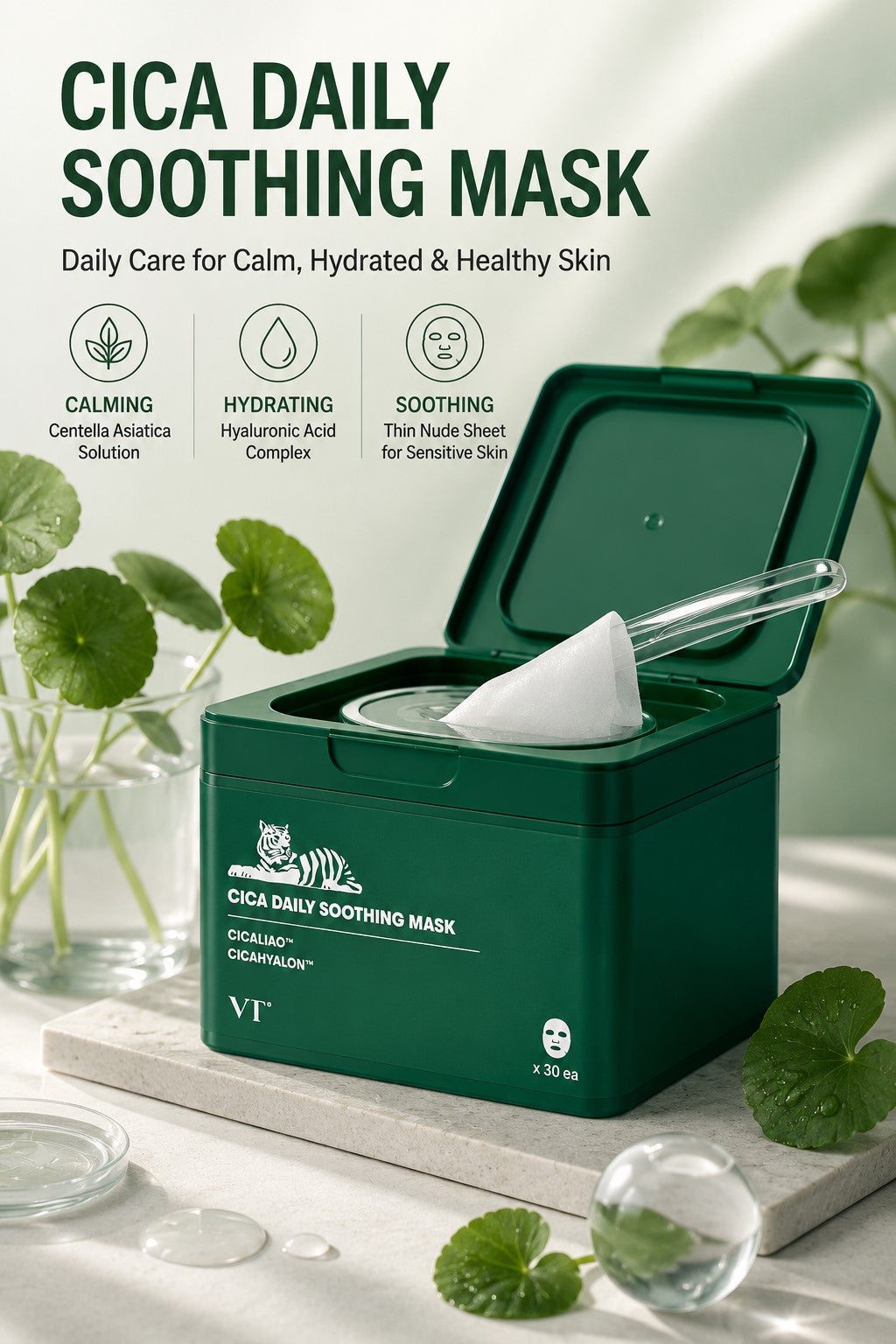 CICA Daily Soothing Mask 30 Sheets with Centella Asiatica & Hyaluronic Acid, Korean Hydrating Face Mask for Dryness, Redness-Looking Skin, Daily Moisture, Calm-Looking Glow & Soft Skin