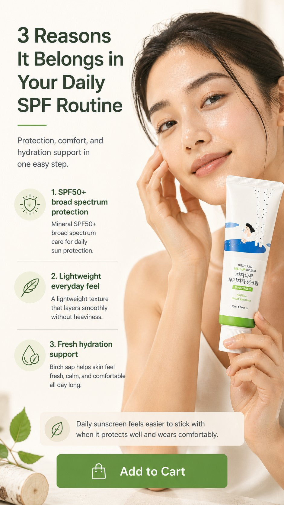 ROUND LAB Birch Juice Mild-Up UV LOCK SPF50+ PA++++ | Lightweight Korean Mineral Sunscreen for Sensitive Skin