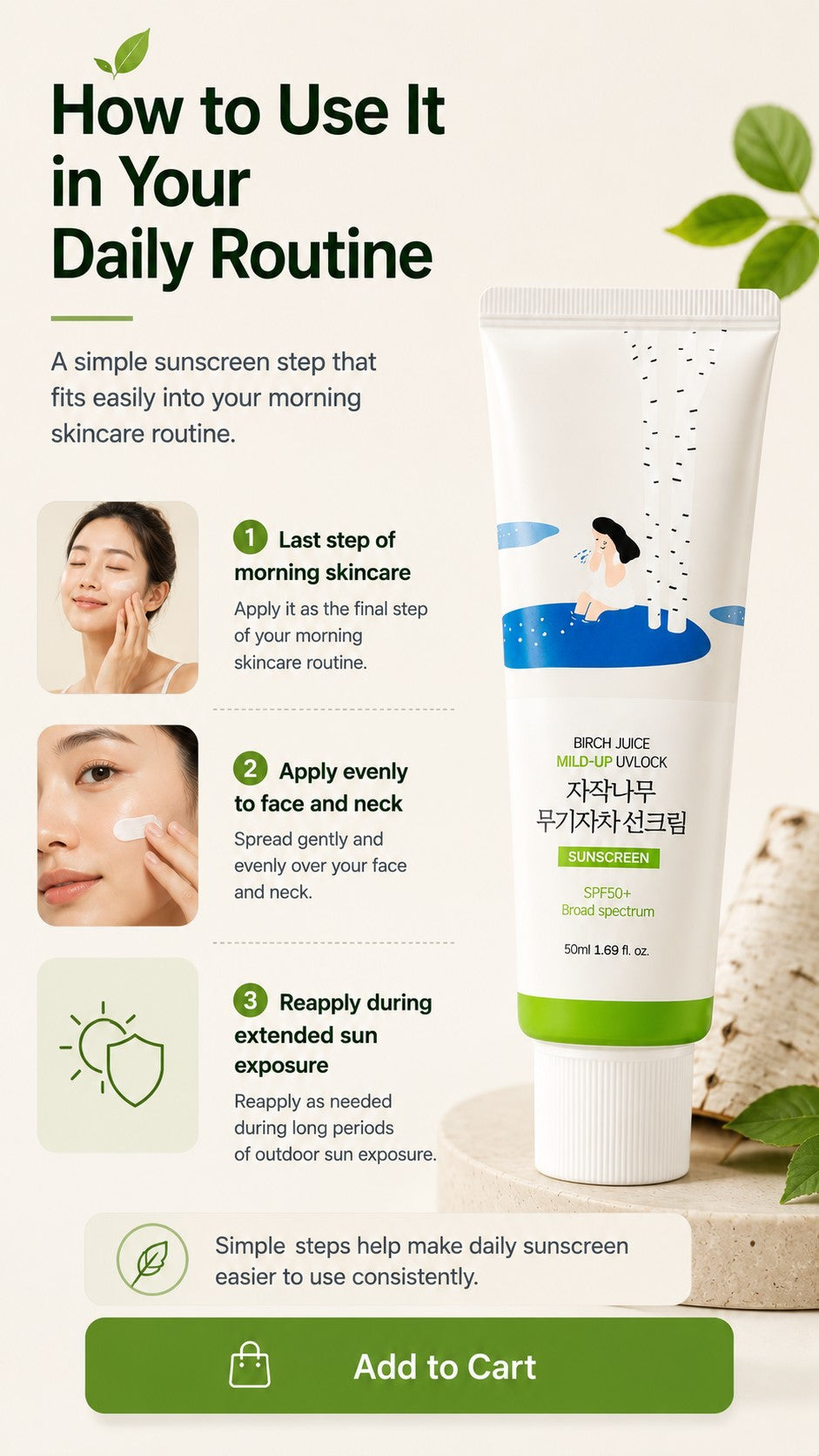 ROUND LAB Birch Juice Mild-Up UV LOCK SPF50+ PA++++ | Lightweight Korean Mineral Sunscreen for Sensitive Skin