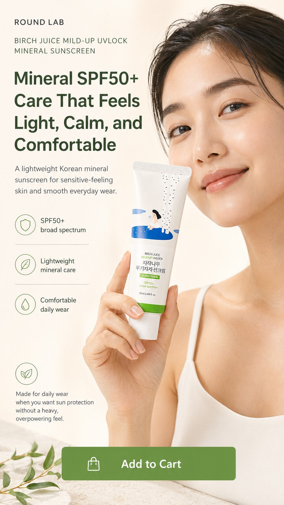 ROUND LAB Birch Juice Mild-Up UV LOCK SPF50+ PA++++ | Lightweight Korean Mineral Sunscreen for Sensitive Skin