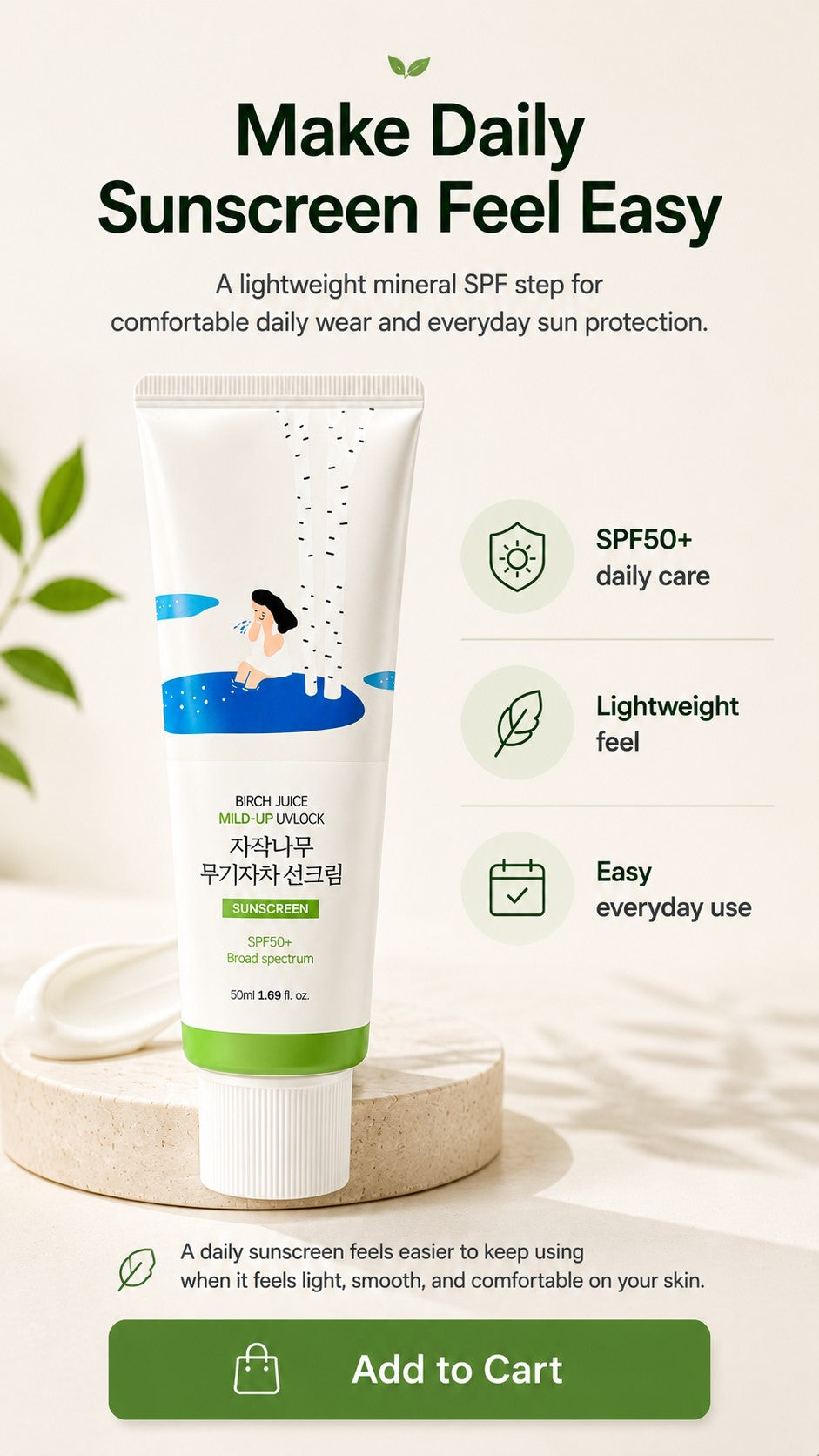 ROUND LAB Birch Juice Mild-Up UV LOCK SPF50+ PA++++ | Lightweight Korean Mineral Sunscreen for Sensitive Skin