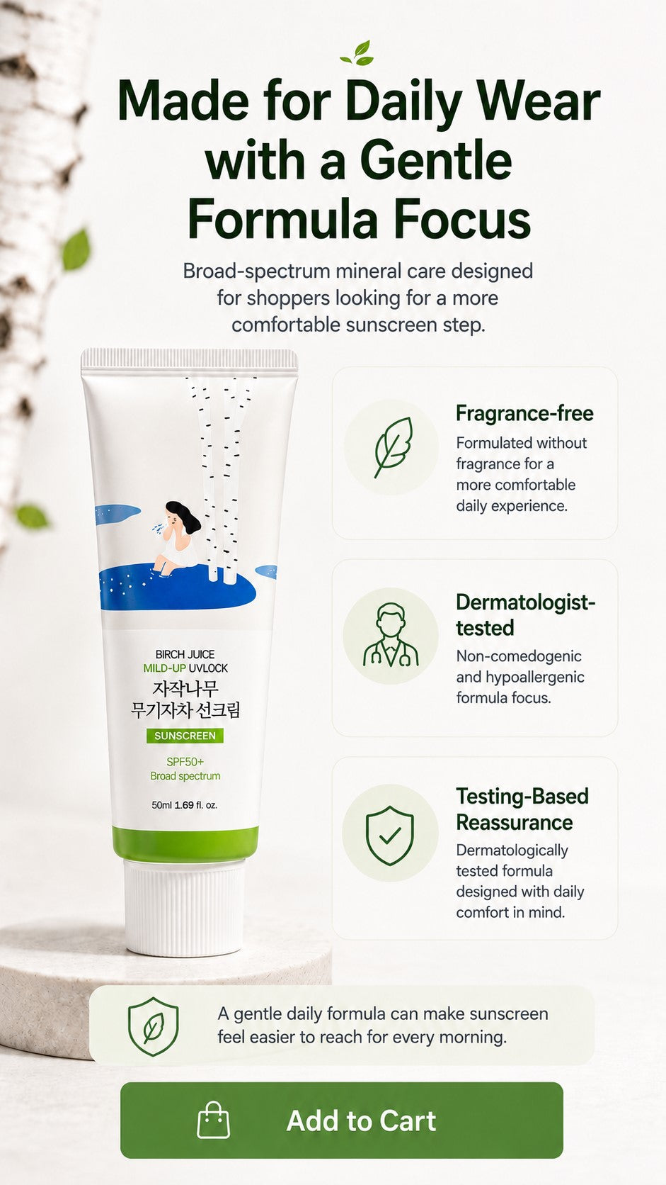 ROUND LAB Birch Juice Mild-Up UV LOCK SPF50+ PA++++ | Lightweight Korean Mineral Sunscreen for Sensitive Skin