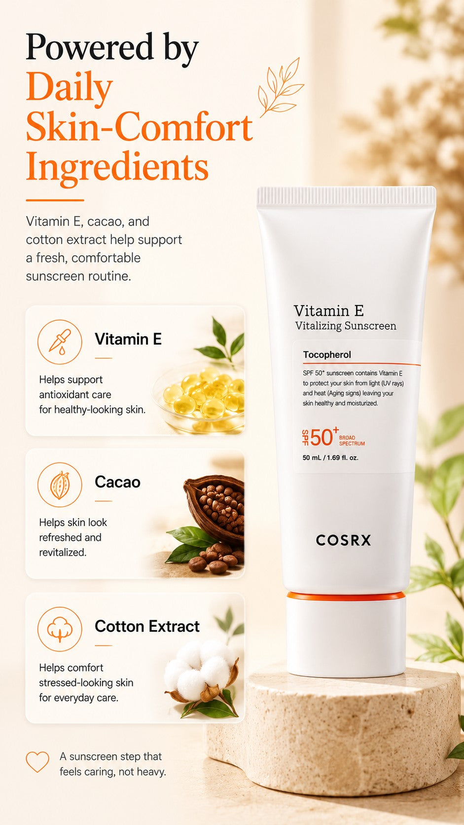 COSRX Vitamin E Sunscreen SPF 50 for Oily Skin, Lightweight Korean Face Sunscreen, No White Cast, Semi-Matte Natural Glow, Daily Preventive Anti-Aging Sun Care, 1.69 fl oz