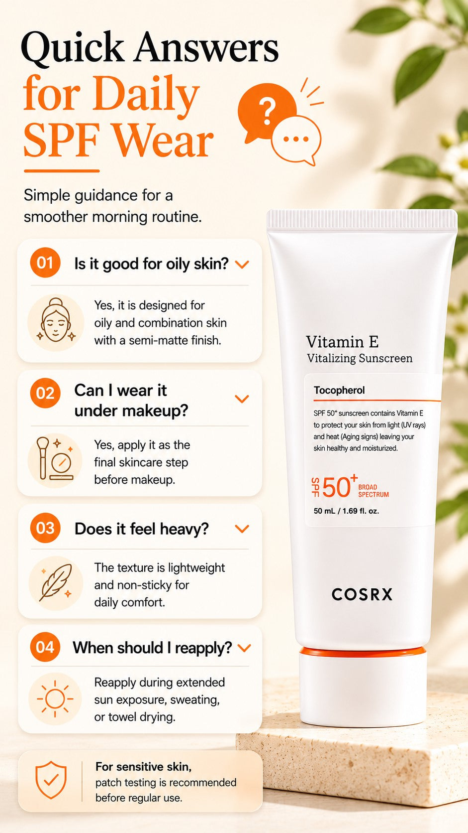 COSRX Vitamin E Sunscreen SPF 50 for Oily Skin, Lightweight Korean Face Sunscreen, No White Cast, Semi-Matte Natural Glow, Daily Preventive Anti-Aging Sun Care, 1.69 fl oz