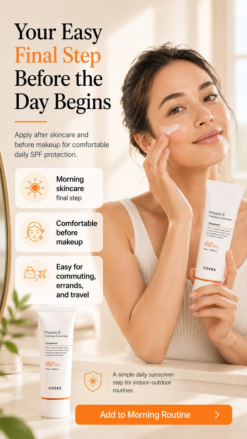 COSRX Vitamin E Sunscreen SPF 50 for Oily Skin, Lightweight Korean Face Sunscreen, No White Cast, Semi-Matte Natural Glow, Daily Preventive Anti-Aging Sun Care, 1.69 fl oz