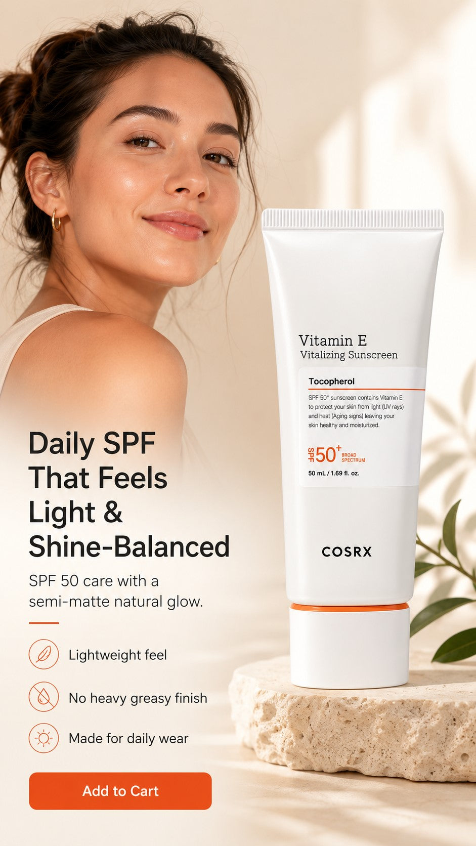 COSRX Vitamin E Sunscreen SPF 50 for Oily Skin, Lightweight Korean Face Sunscreen, No White Cast, Semi-Matte Natural Glow, Daily Preventive Anti-Aging Sun Care, 1.69 fl oz
