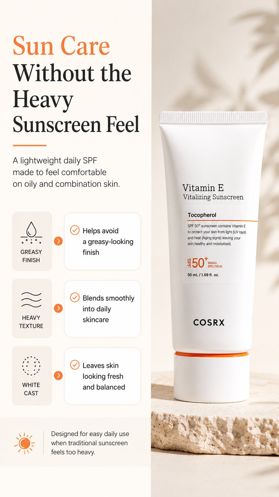 COSRX Vitamin E Sunscreen SPF 50 for Oily Skin, Lightweight Korean Face Sunscreen, No White Cast, Semi-Matte Natural Glow, Daily Preventive Anti-Aging Sun Care, 1.69 fl oz