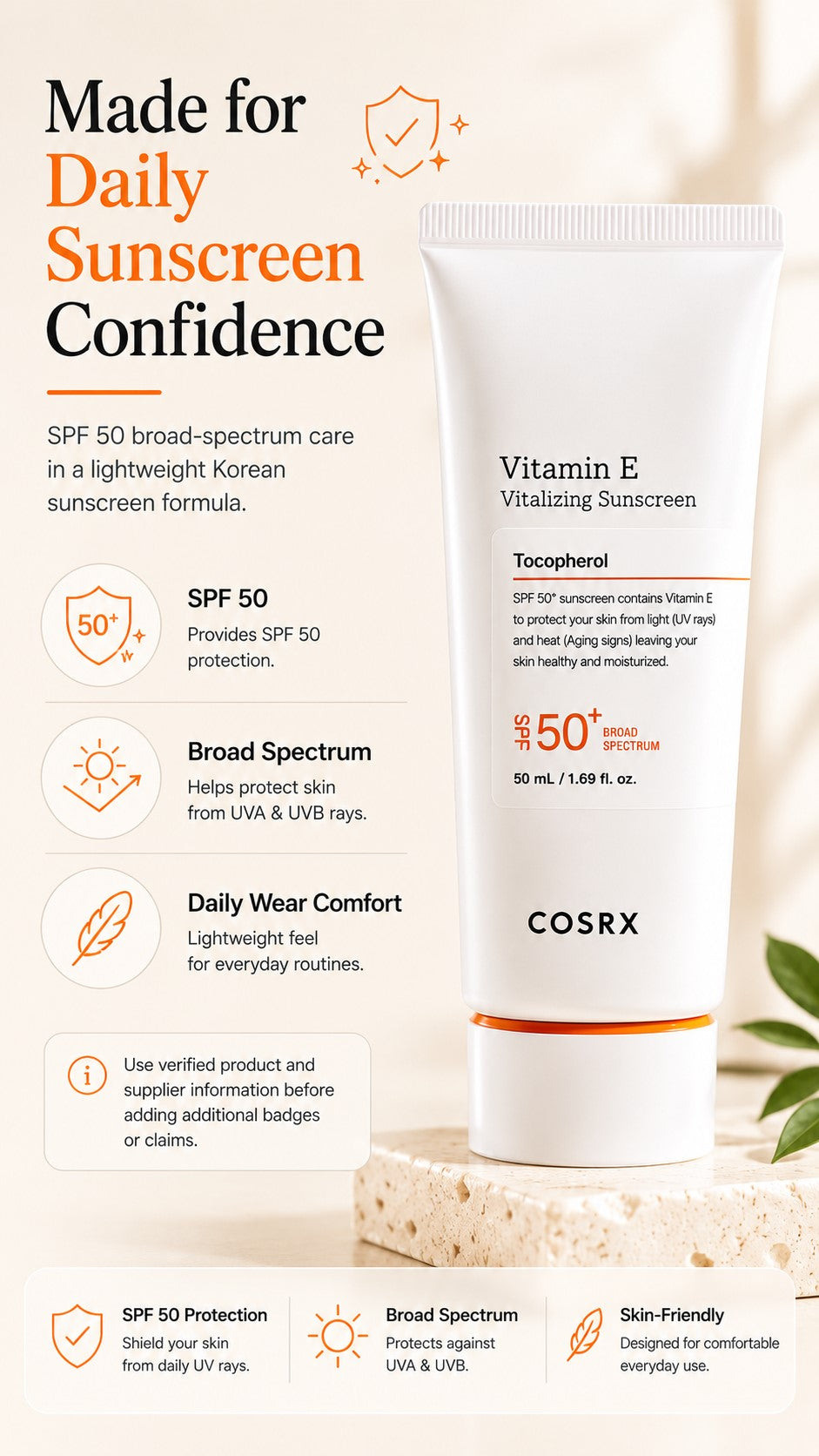 COSRX Vitamin E Sunscreen SPF 50 for Oily Skin, Lightweight Korean Face Sunscreen, No White Cast, Semi-Matte Natural Glow, Daily Preventive Anti-Aging Sun Care, 1.69 fl oz