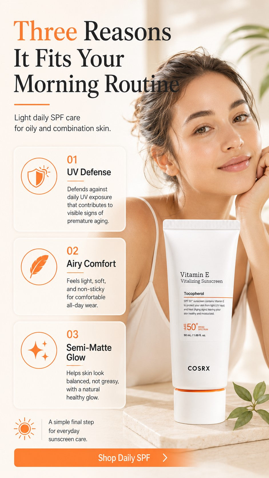 COSRX Vitamin E Sunscreen SPF 50 for Oily Skin, Lightweight Korean Face Sunscreen, No White Cast, Semi-Matte Natural Glow, Daily Preventive Anti-Aging Sun Care, 1.69 fl oz