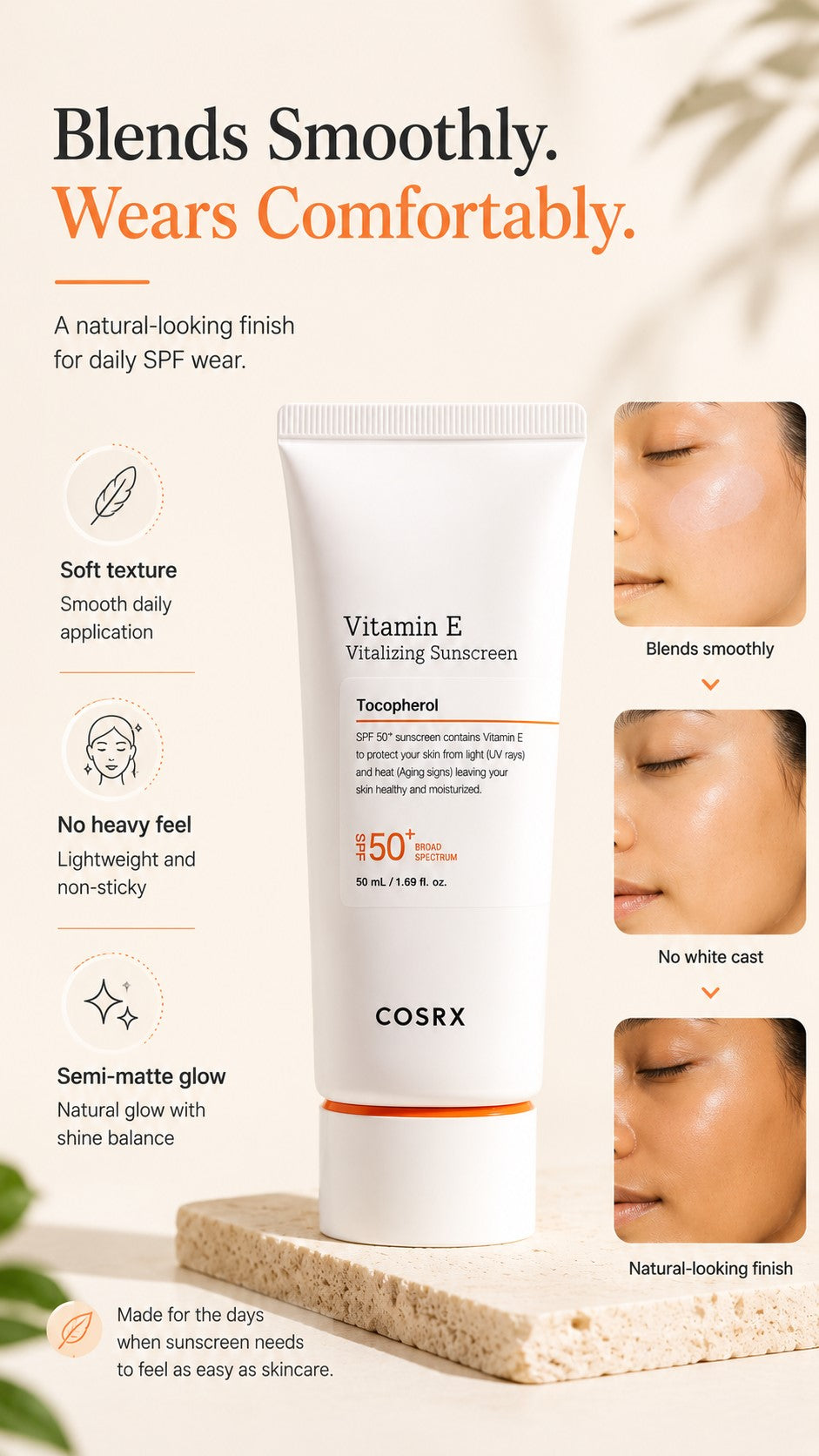 COSRX Vitamin E Sunscreen SPF 50 for Oily Skin, Lightweight Korean Face Sunscreen, No White Cast, Semi-Matte Natural Glow, Daily Preventive Anti-Aging Sun Care, 1.69 fl oz