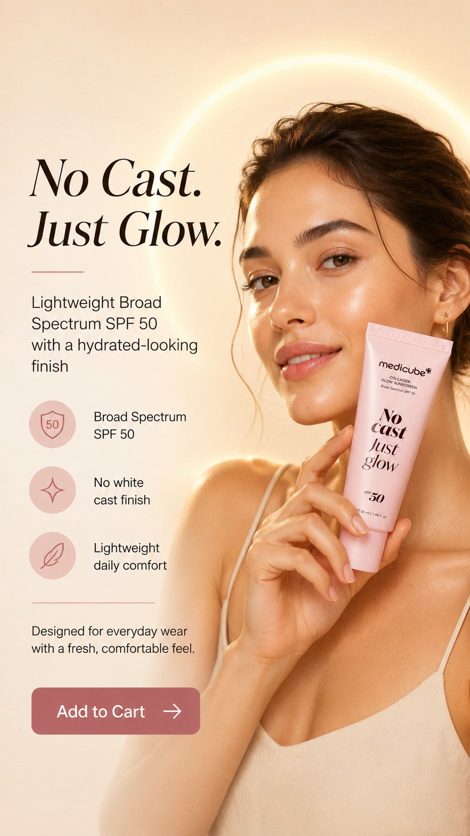 No Cast Collagen Sunscreen SPF 50 Broad Spectrum | Lightweight Korean Face Sunscreen with Peptides, Cica, Niacinamide & Ceramide for Hydrated Glow