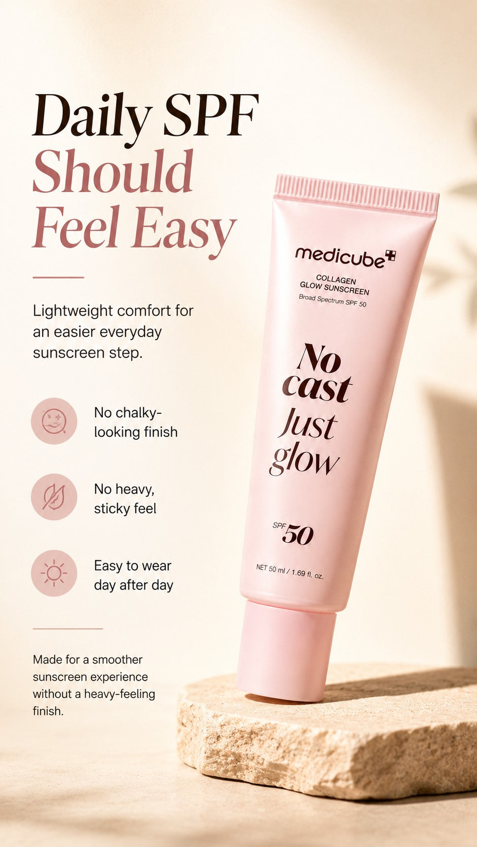 No Cast Collagen Sunscreen SPF 50 Broad Spectrum | Lightweight Korean Face Sunscreen with Peptides, Cica, Niacinamide & Ceramide for Hydrated Glow