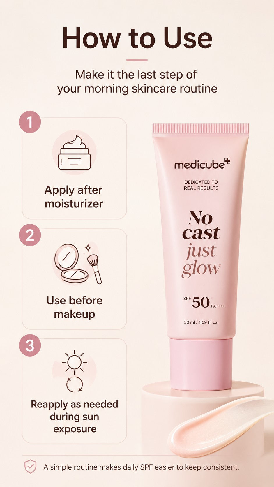 No Cast Collagen Sunscreen SPF 50 Broad Spectrum | Lightweight Korean Face Sunscreen with Peptides, Cica, Niacinamide & Ceramide for Hydrated Glow