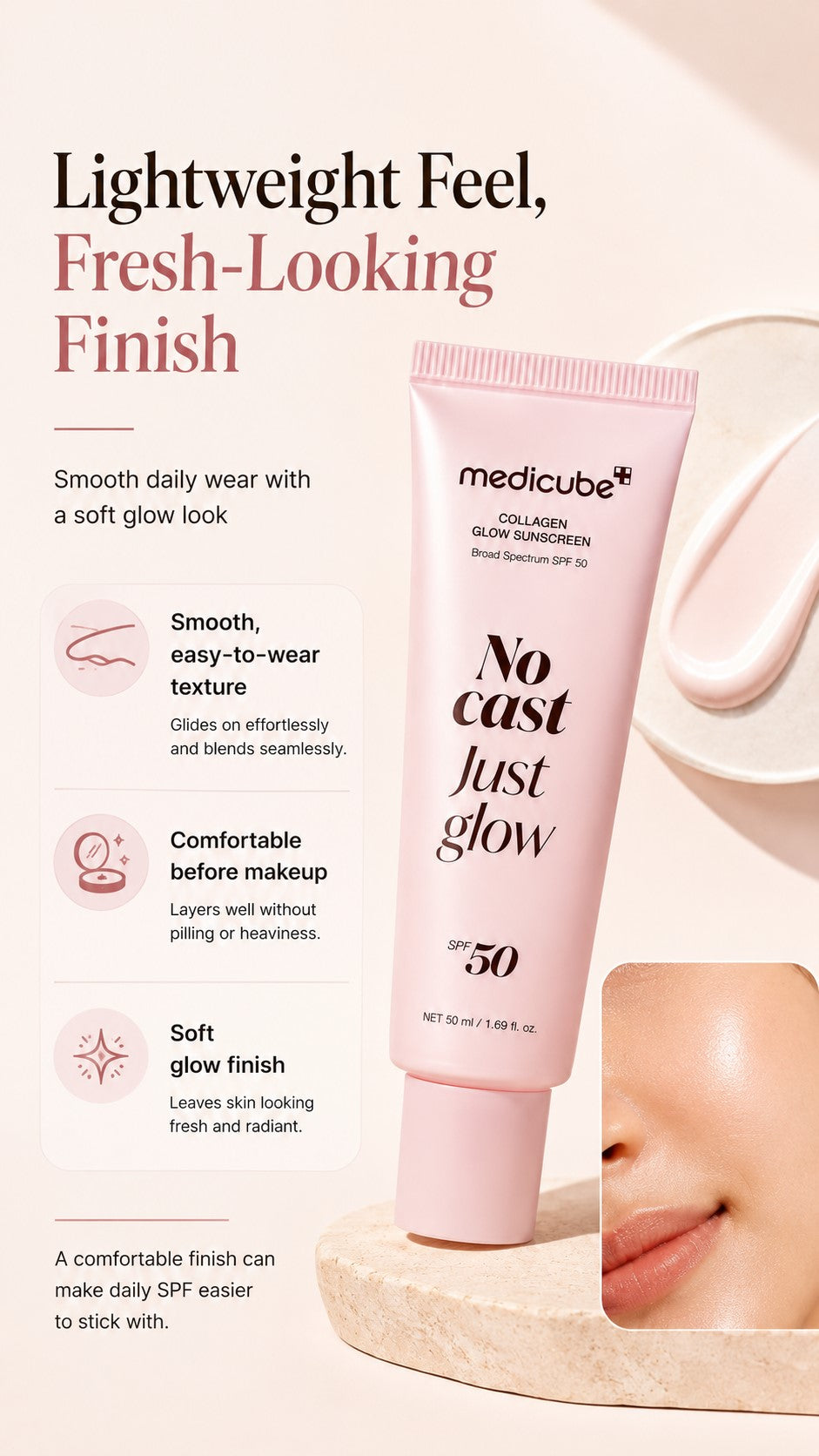 No Cast Collagen Sunscreen SPF 50 Broad Spectrum | Lightweight Korean Face Sunscreen with Peptides, Cica, Niacinamide & Ceramide for Hydrated Glow