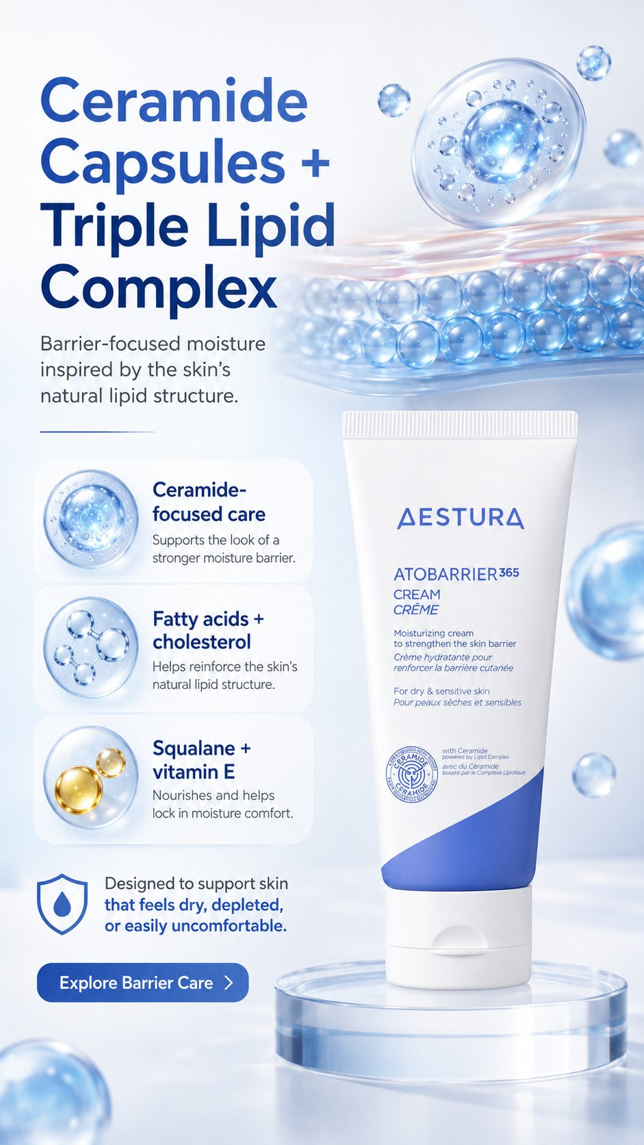ATOBARRIER365 Ceramide Barrier Cream, Korean Face Moisturizer for Dry Sensitive Skin, 120H Hydration, Triple Lipid Complex, Squalane & Vitamin E, Non-Comedogenic Preventive Anti-Aging Skincare, 80ml