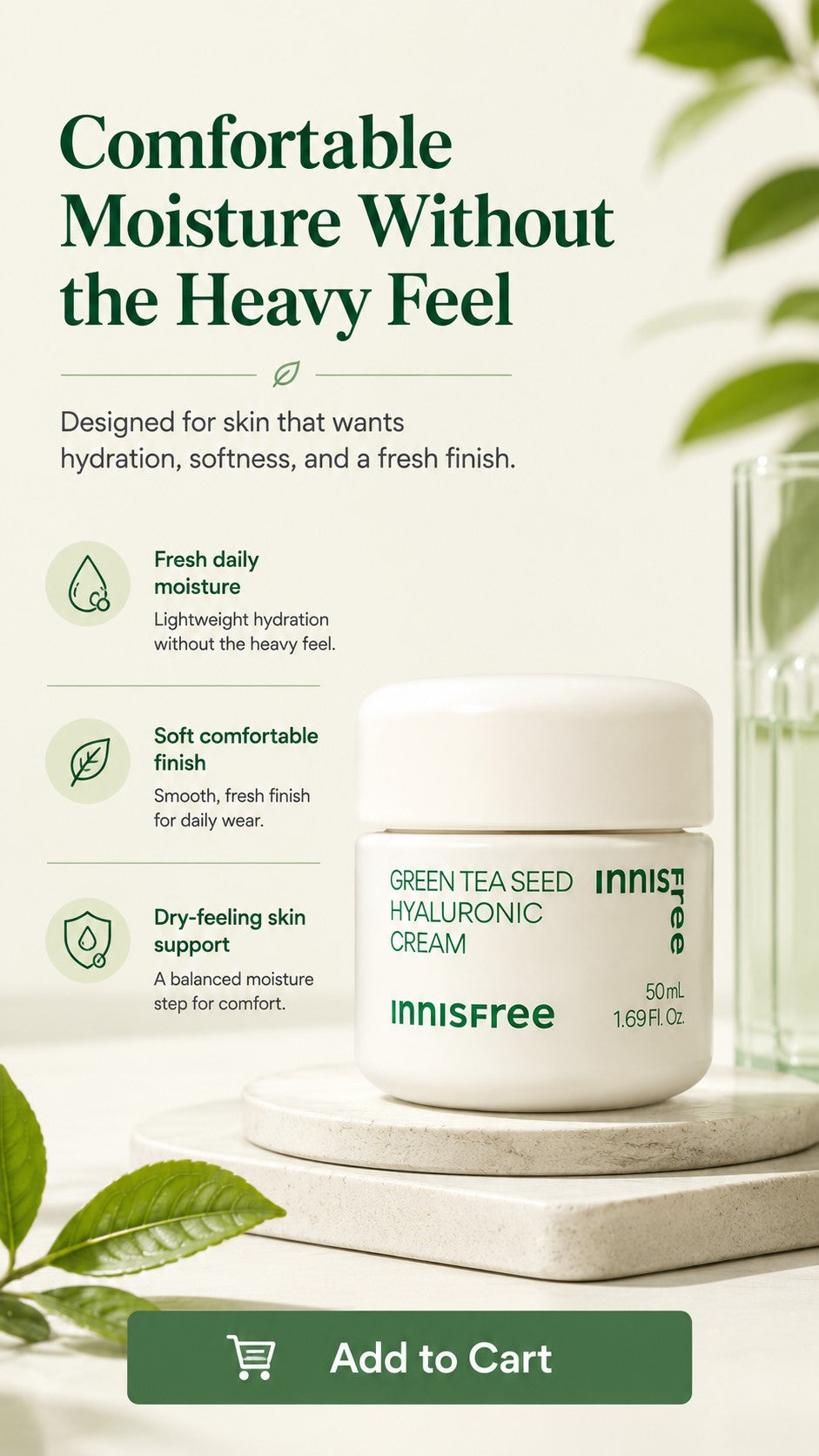 Innisfree Green Tea Seed Hyaluronic Acid Cream, Korean Face Moisturizer with Ceramide & Squalane for Hydration, Moisture Barrier Support, Dryness, Glow & Preventive Anti-Aging Skincare
