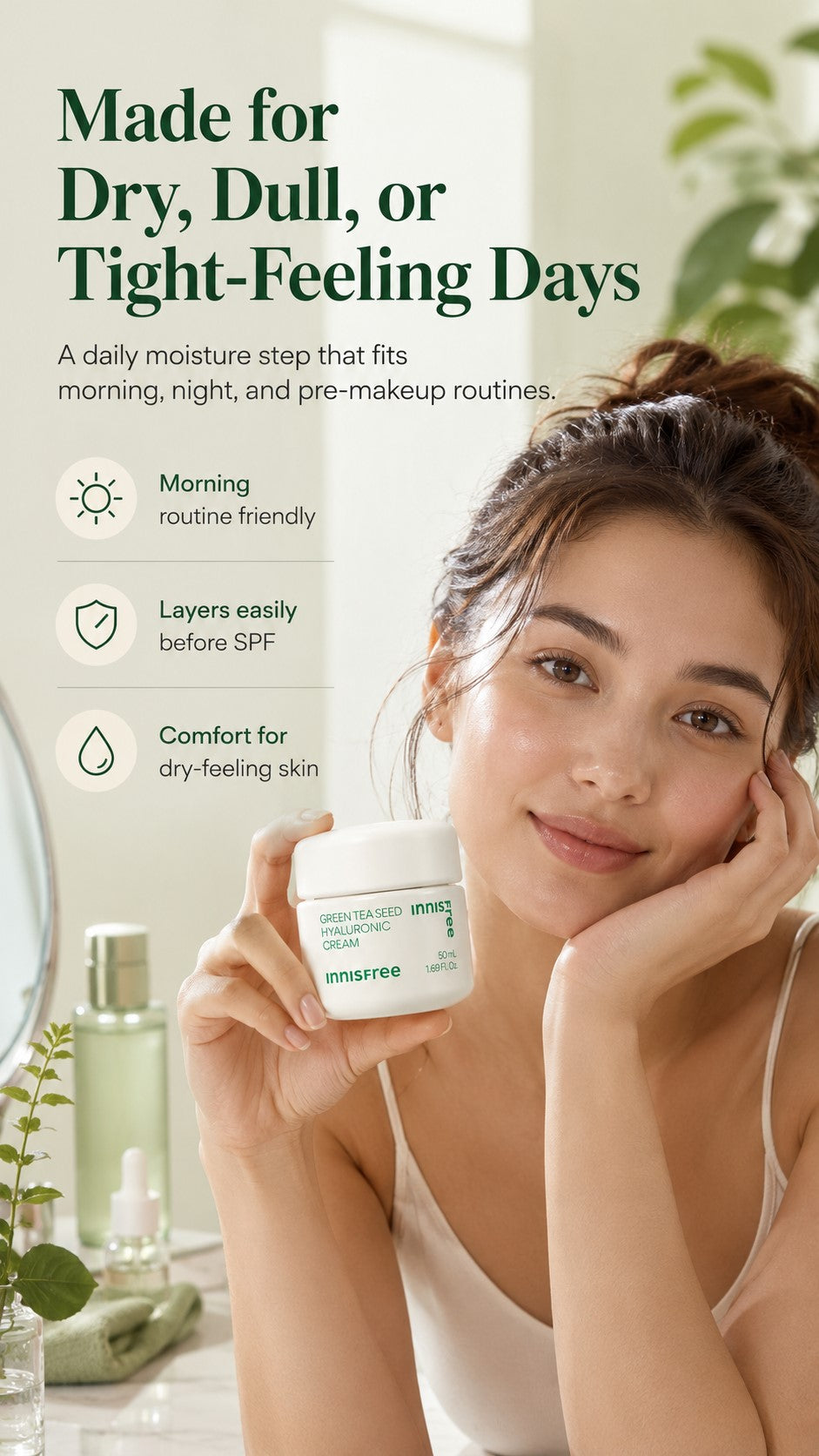 Innisfree Green Tea Seed Hyaluronic Acid Cream, Korean Face Moisturizer with Ceramide & Squalane for Hydration, Moisture Barrier Support, Dryness, Glow & Preventive Anti-Aging Skincare