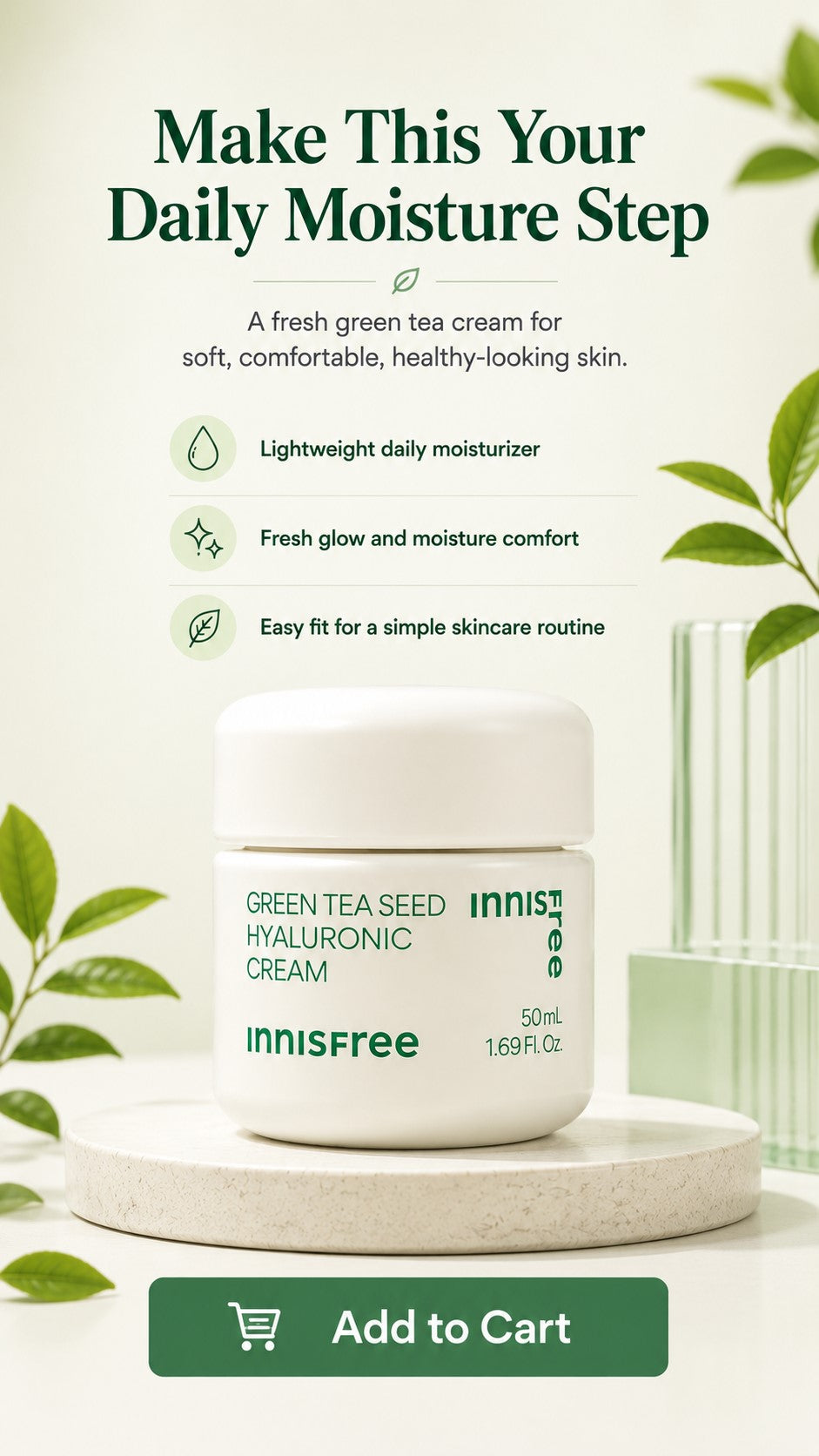 Innisfree Green Tea Seed Hyaluronic Acid Cream, Korean Face Moisturizer with Ceramide & Squalane for Hydration, Moisture Barrier Support, Dryness, Glow & Preventive Anti-Aging Skincare
