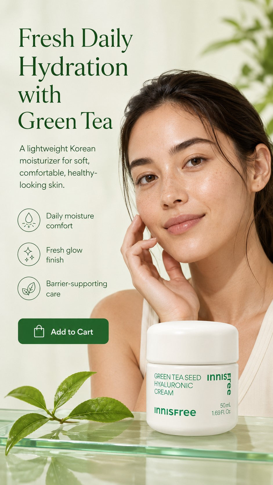 Innisfree Green Tea Seed Hyaluronic Acid Cream, Korean Face Moisturizer with Ceramide & Squalane for Hydration, Moisture Barrier Support, Dryness, Glow & Preventive Anti-Aging Skincare