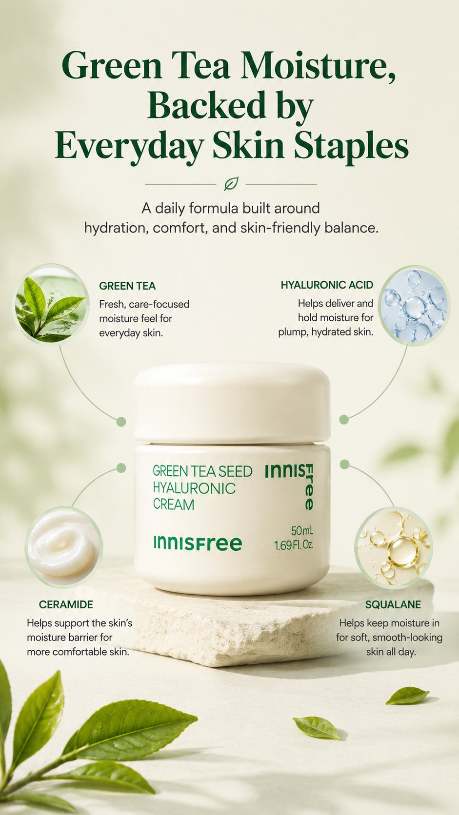 Innisfree Green Tea Seed Hyaluronic Acid Cream, Korean Face Moisturizer with Ceramide & Squalane for Hydration, Moisture Barrier Support, Dryness, Glow & Preventive Anti-Aging Skincare