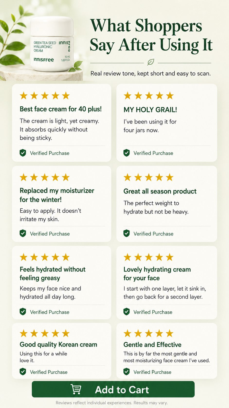 Innisfree Green Tea Seed Hyaluronic Acid Cream, Korean Face Moisturizer with Ceramide & Squalane for Hydration, Moisture Barrier Support, Dryness, Glow & Preventive Anti-Aging Skincare