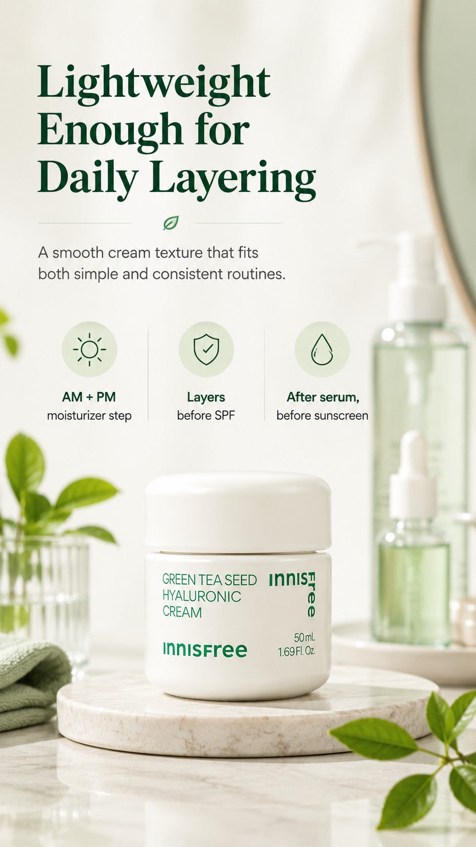 Innisfree Green Tea Seed Hyaluronic Acid Cream, Korean Face Moisturizer with Ceramide & Squalane for Hydration, Moisture Barrier Support, Dryness, Glow & Preventive Anti-Aging Skincare