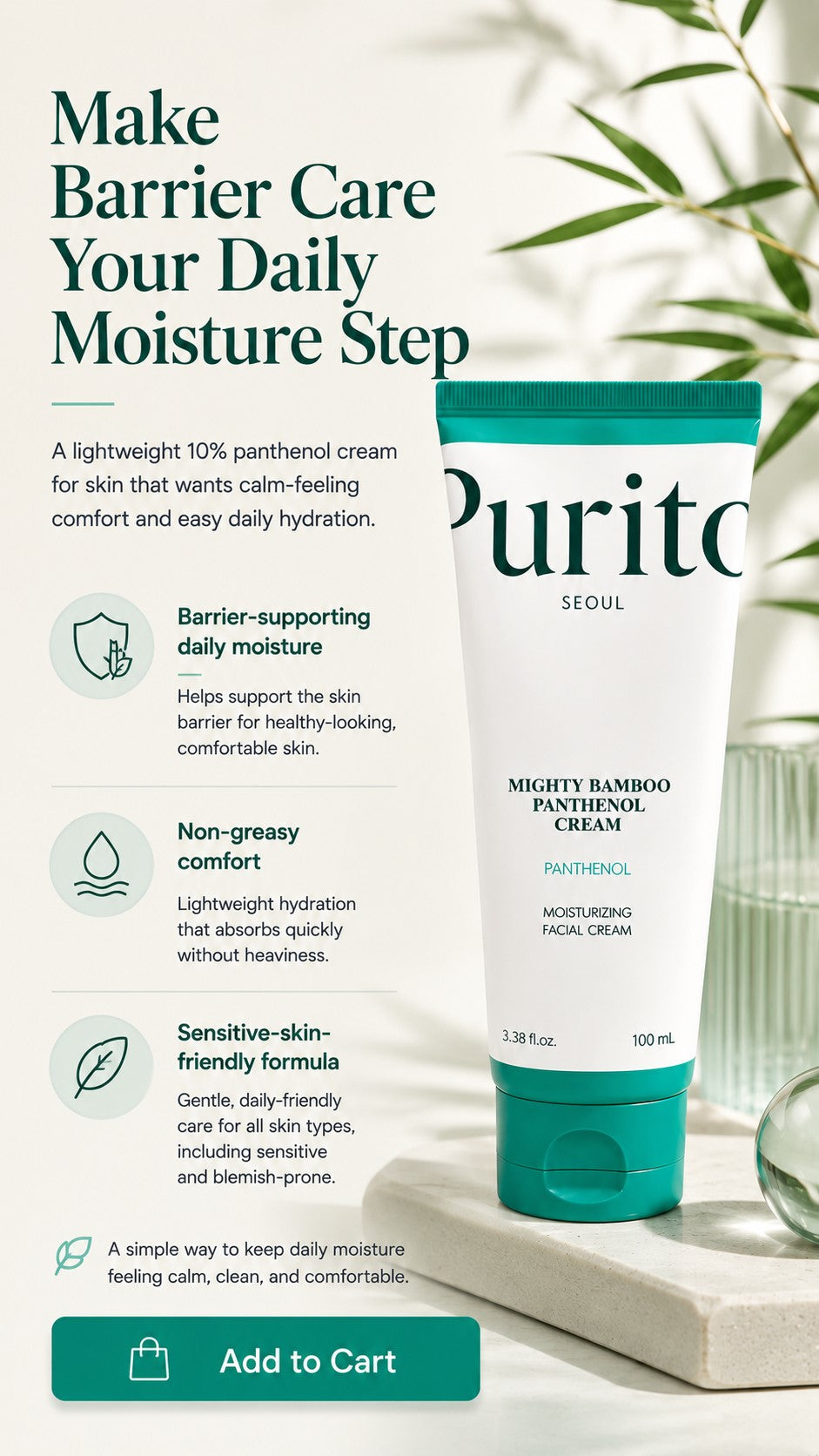 Panthenol 10% Barrier Gel Cream Moisturizer | Lightweight Korean Face Cream for Sensitive, Dry & Blemish-Prone Skin | Non-Comedogenic, Fragrance-Free, Vegan Hydration | 100ml / 3.38 fl oz