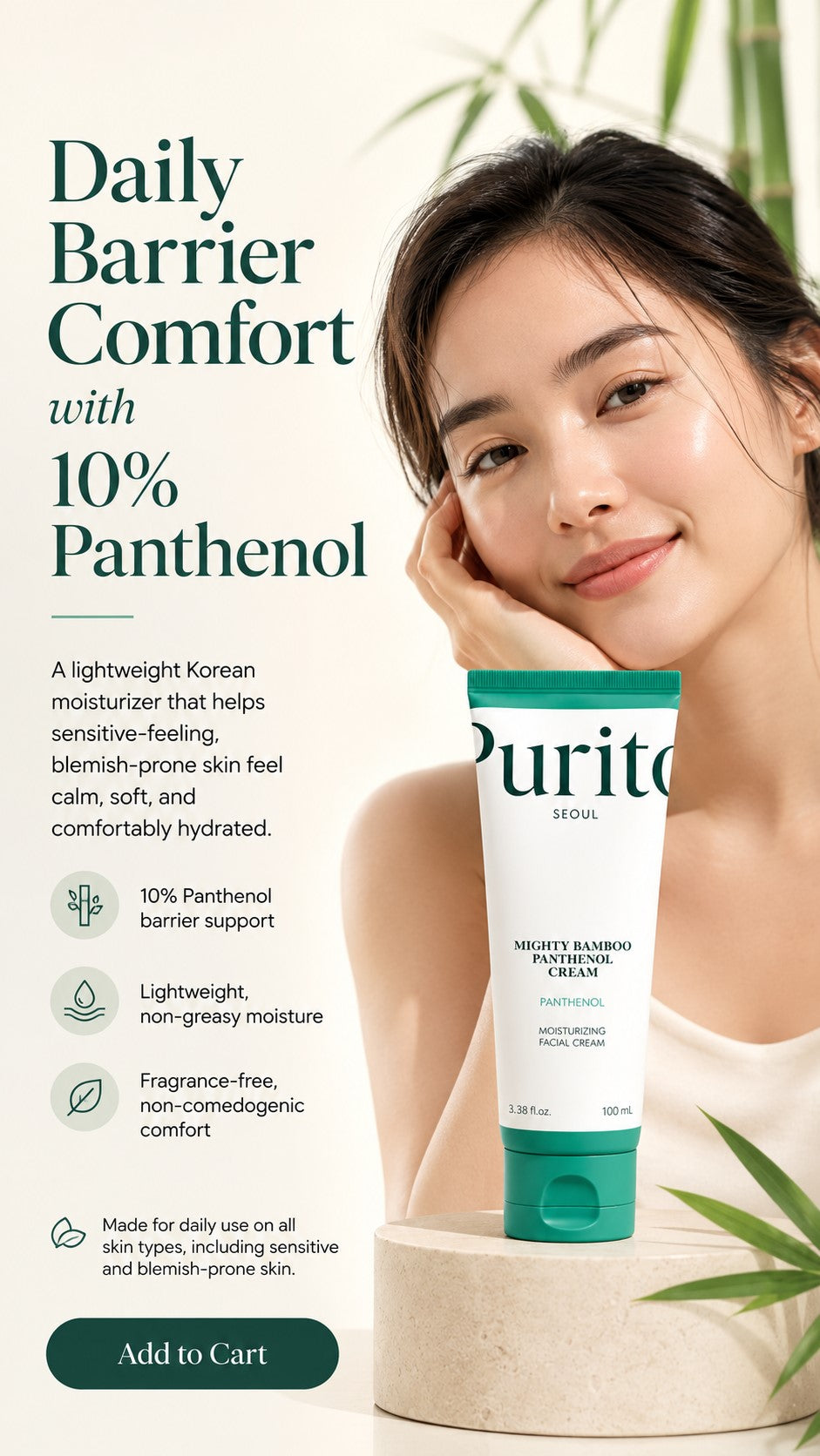Panthenol 10% Barrier Gel Cream Moisturizer | Lightweight Korean Face Cream for Sensitive, Dry & Blemish-Prone Skin | Non-Comedogenic, Fragrance-Free, Vegan Hydration | 100ml / 3.38 fl oz
