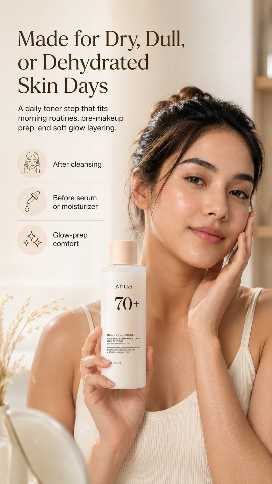 Rice 70 Glow Milky Toner with Niacinamide & Ceramides, Hydrating Korean Rice Water Toner for Glass Skin, Barrier Care, Dewy Glow, Fragrance-Free, Non-Comedogenic, All Skin Types, 8.45 Fl.Oz.